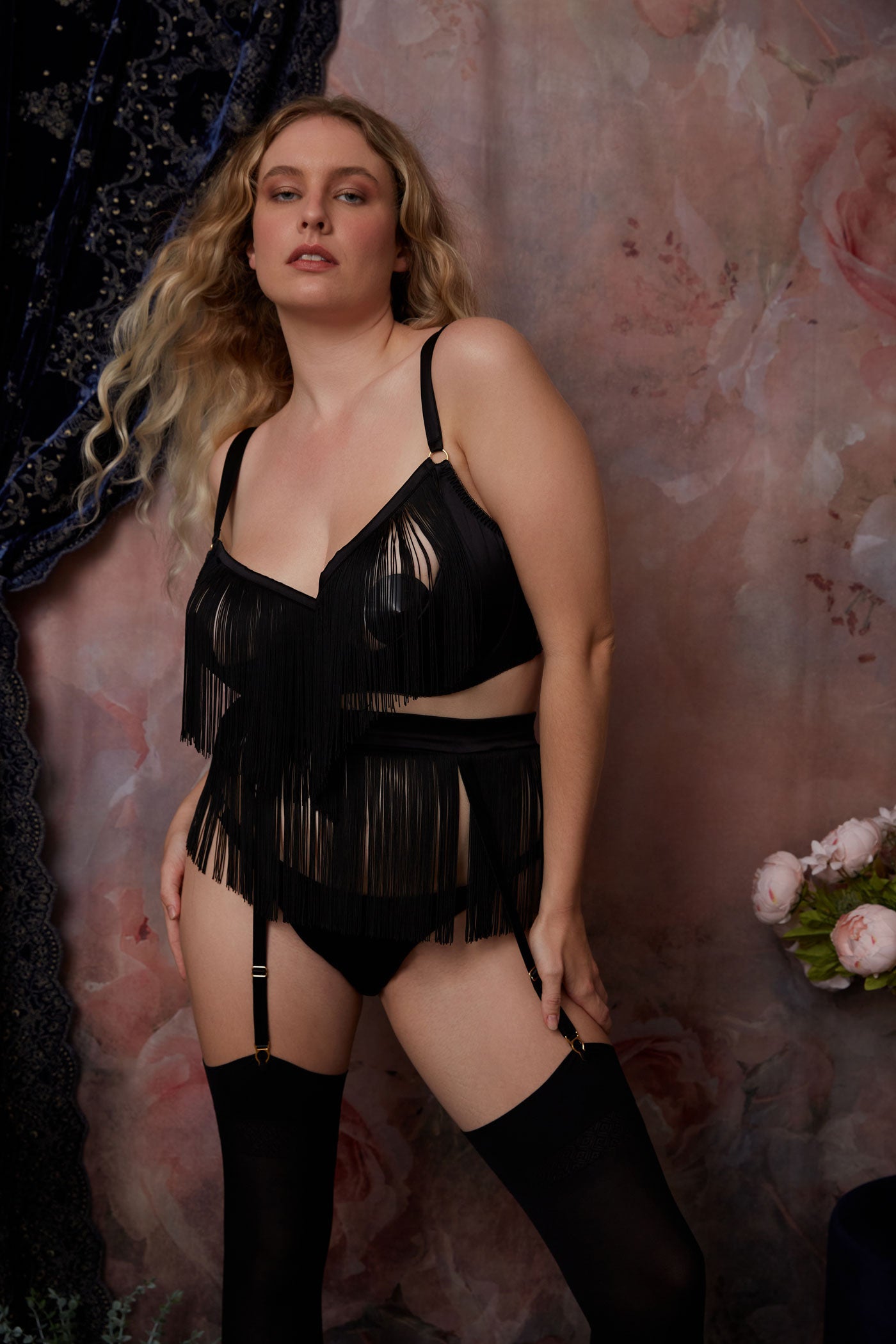 Black fringed garter belt and open cup bra boudoir lingerie set