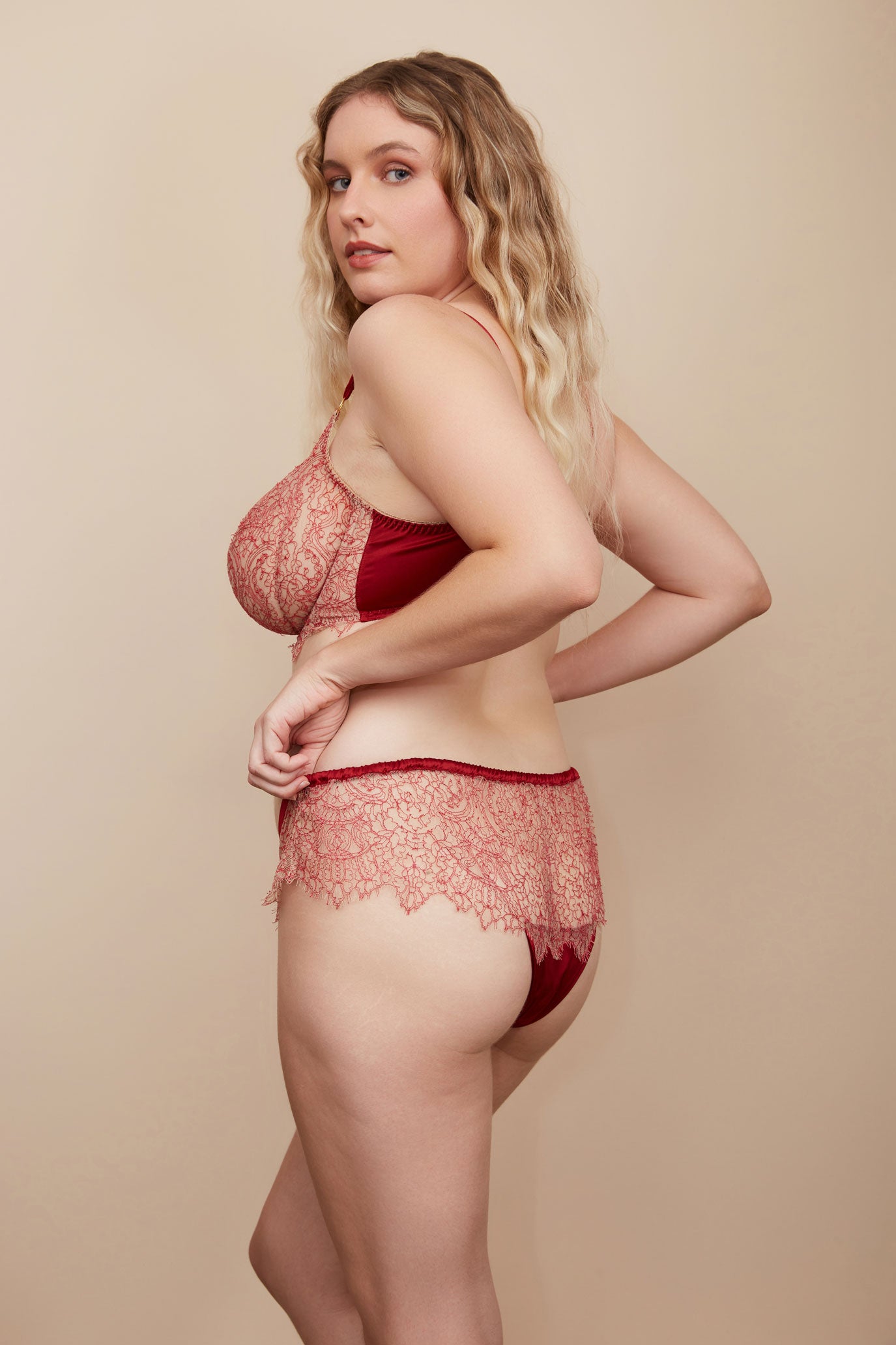 Back view of red silk and lace lingerie set with DD+ bra