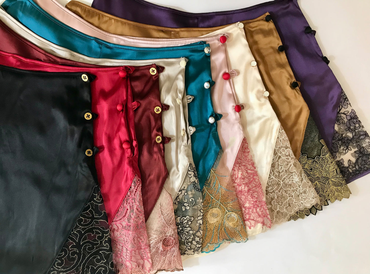 Silk tap pants in multiple different colours with different lace and button details