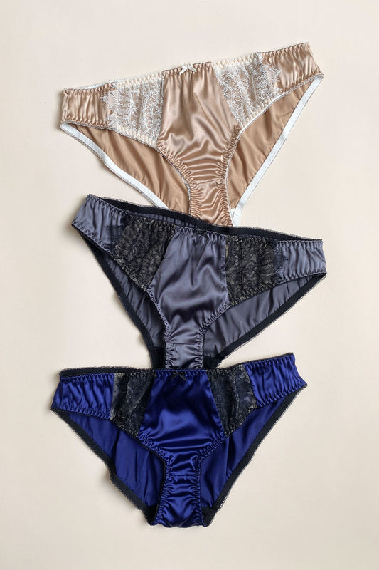 3 pairs of luxury silk panties in caramel, slate grey and sapphire blue