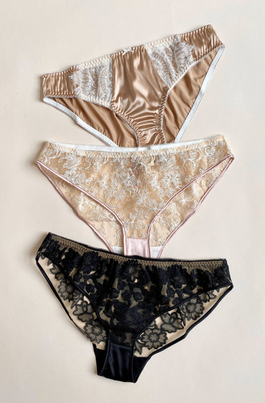 Luxury panties 3 piece set in silk and sheer embroidery
