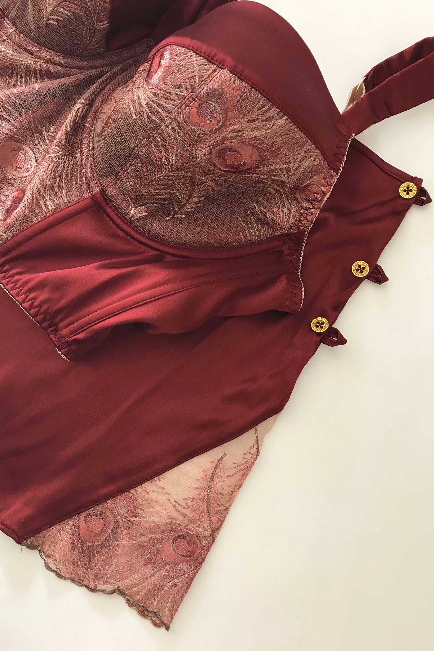 Dark red vintage style silk tap pants with metallic peacock lace and gold buttons