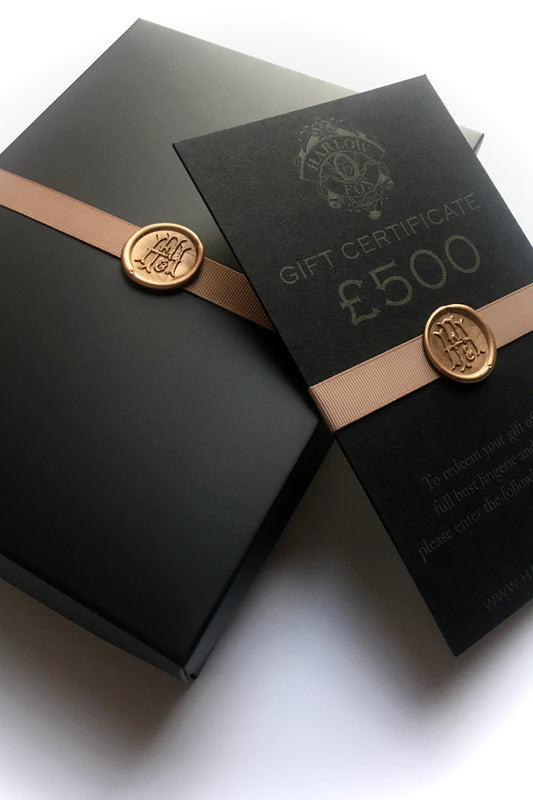 Luxury lingerie gift card packaged in black and gold gift box