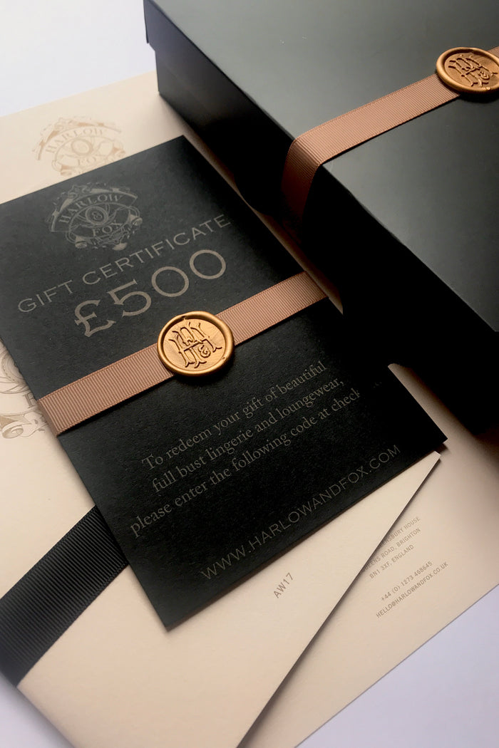 Gift card and luxury packaging for Harlow & Fox fine lingerie for DD+ cup bra sizes