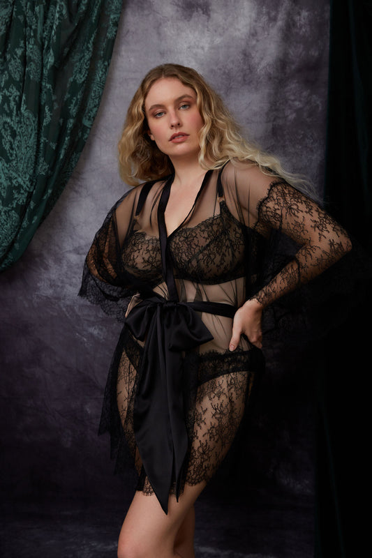 Luxury sheer black tulle robe with deep lace sleeves and silk belt