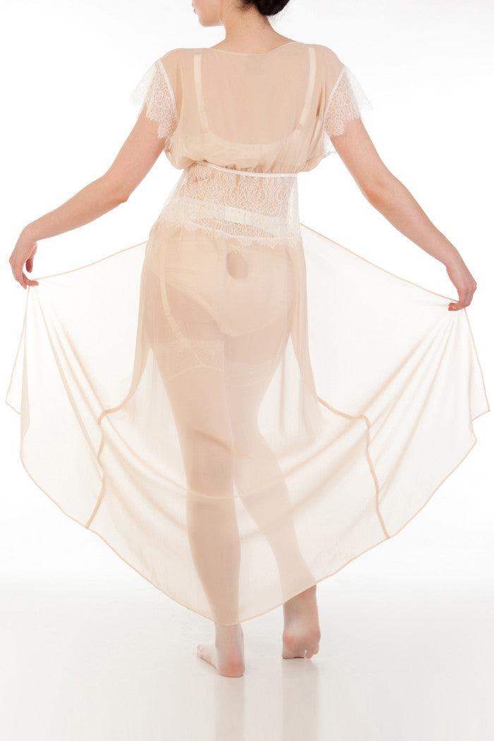 Sheer georgette robe with silk bridal lingerie
