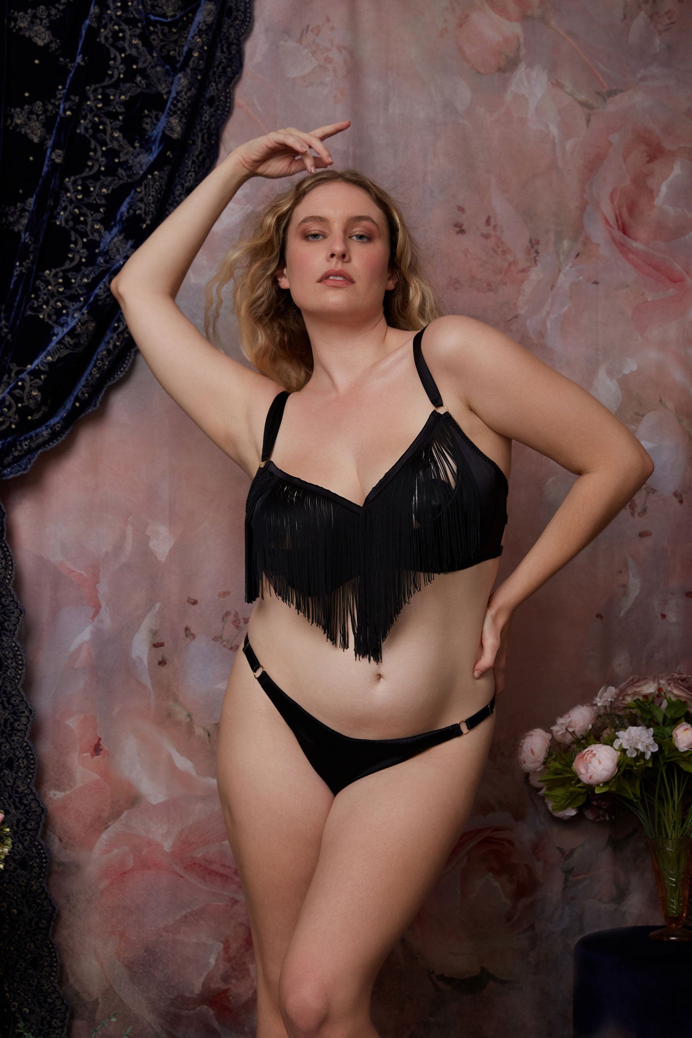 Fringed open cup boudoir bra with silk side strap knicker