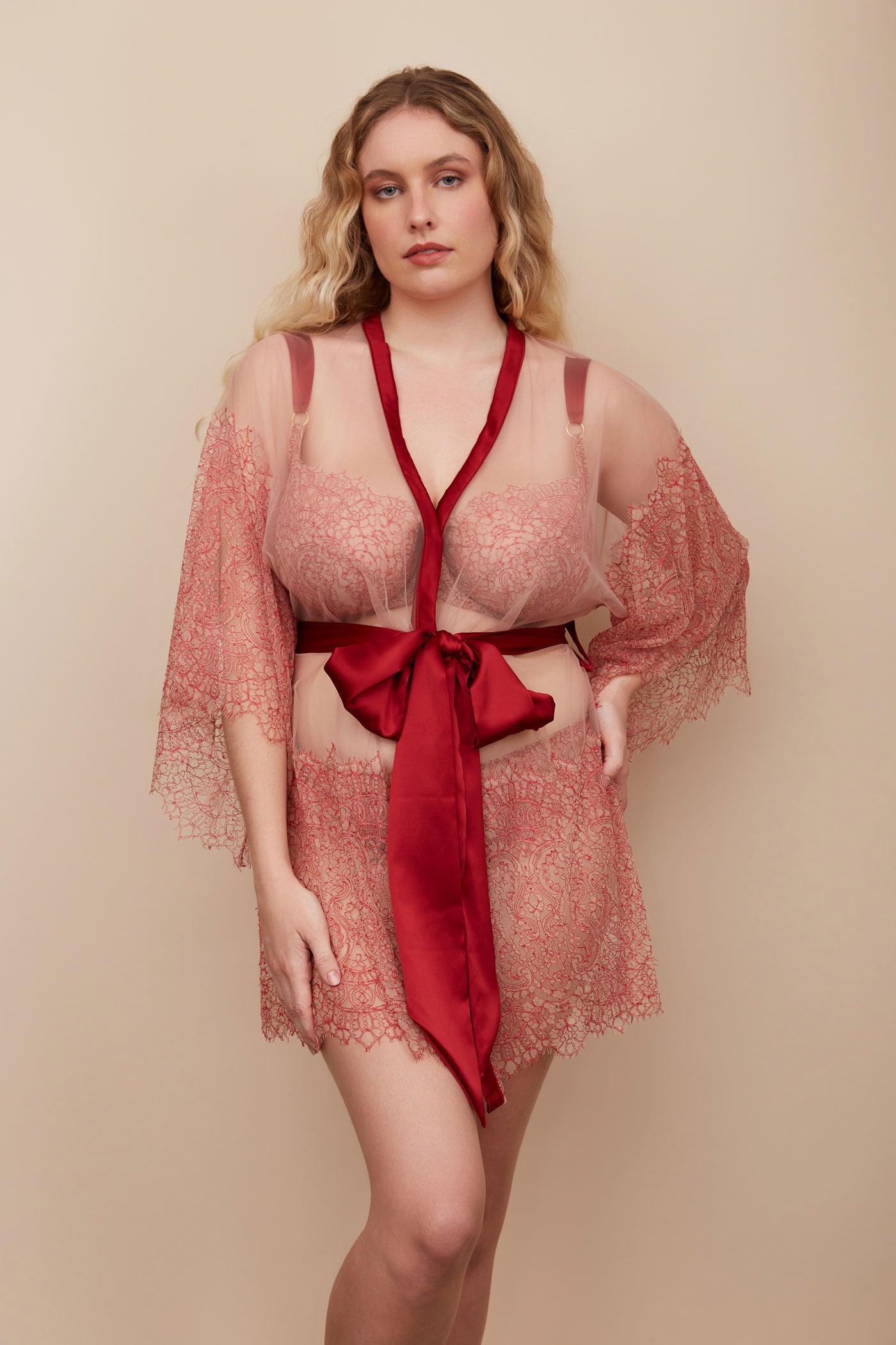 Luxury sheer robe in red lace with silk binding and red silk sash tied in bow