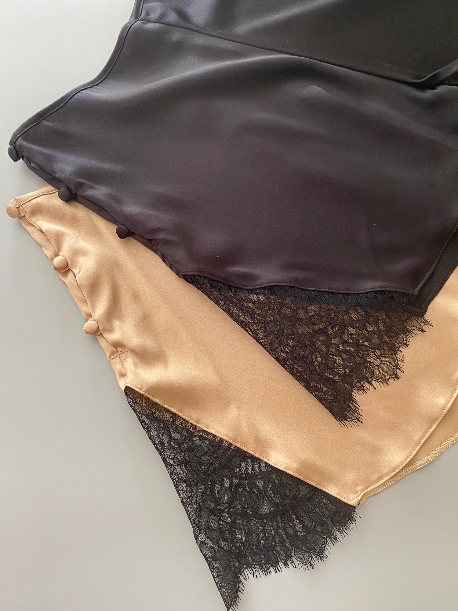 Silk satin french knickers in black and cream silk with black lace