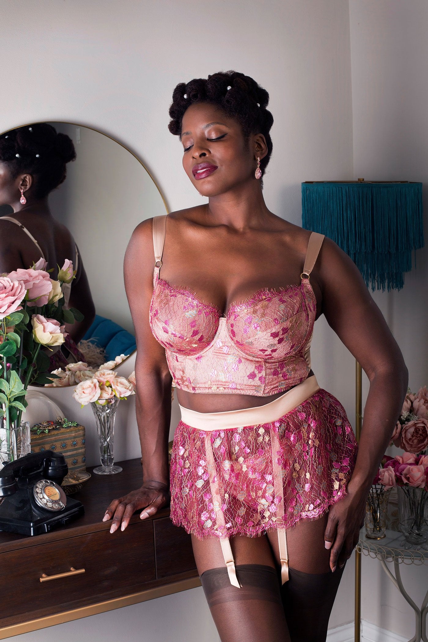 Pink lace skirted garter belt with DD+ cup longline luxury bra with silk lining