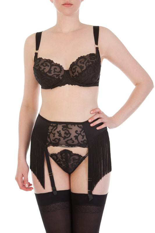 Augusta Jet luxury silk DD+ bra with fringed suspender