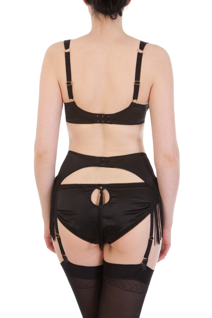 Augusta Jet luxury silk DD+ bra with fringed suspender, back view