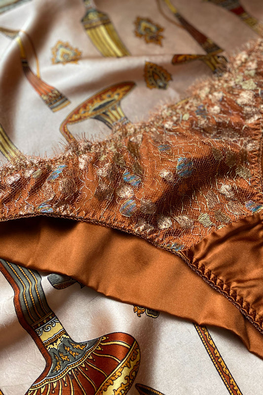 Silk lining detail on Carina luxury knicker with double layered silk back and gold lace overlay front