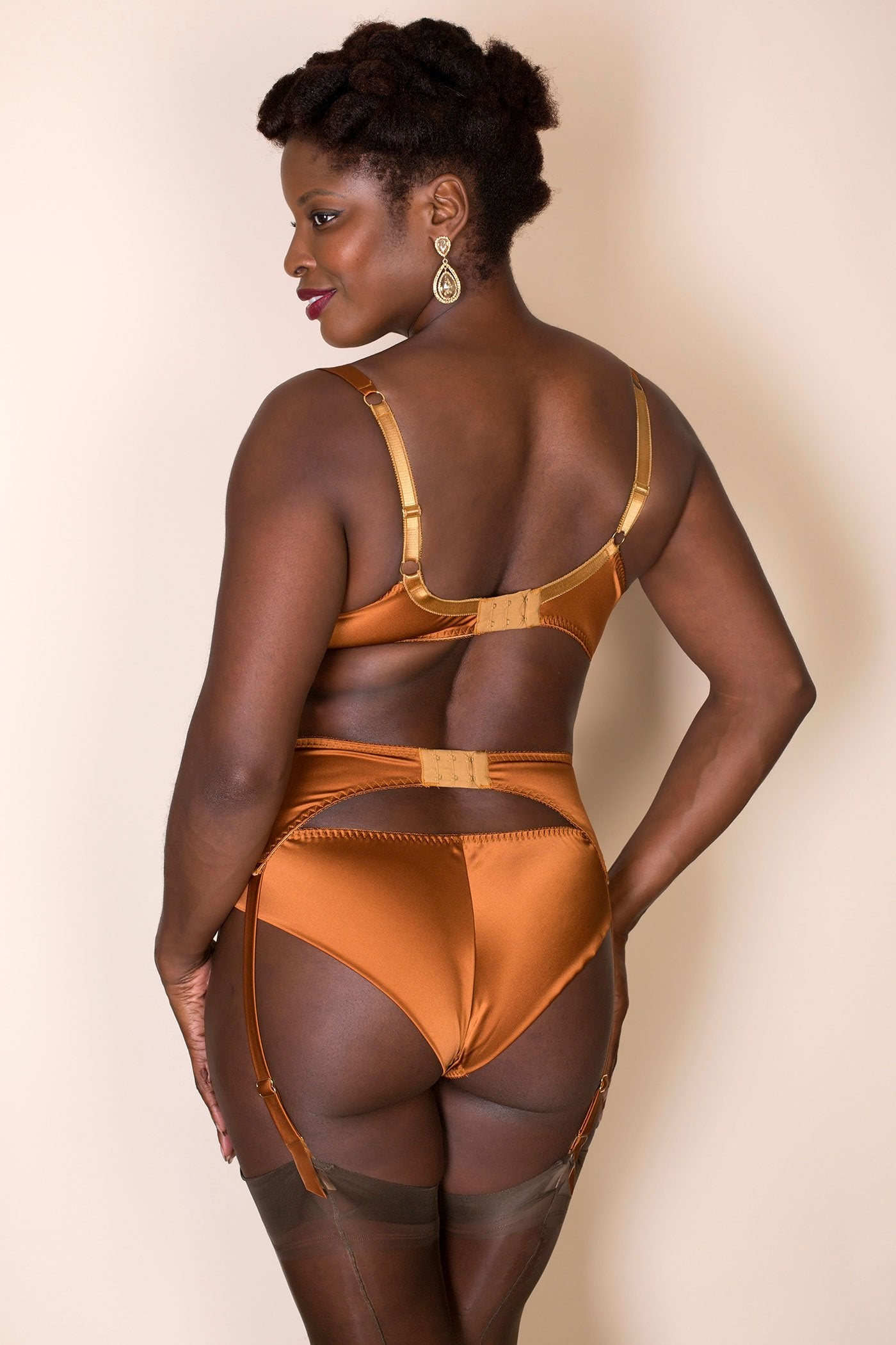 Gold silk lingerie set with luxury knicker, garter belt and bra back view