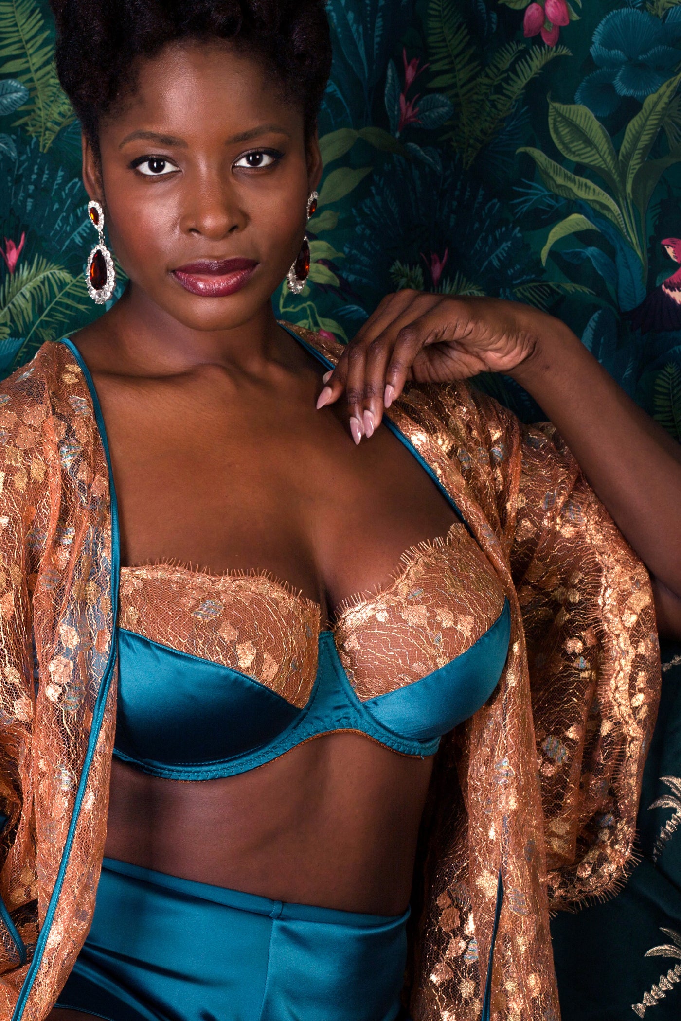 Luxury gold lace and blue silk bra worn with gold lace robe