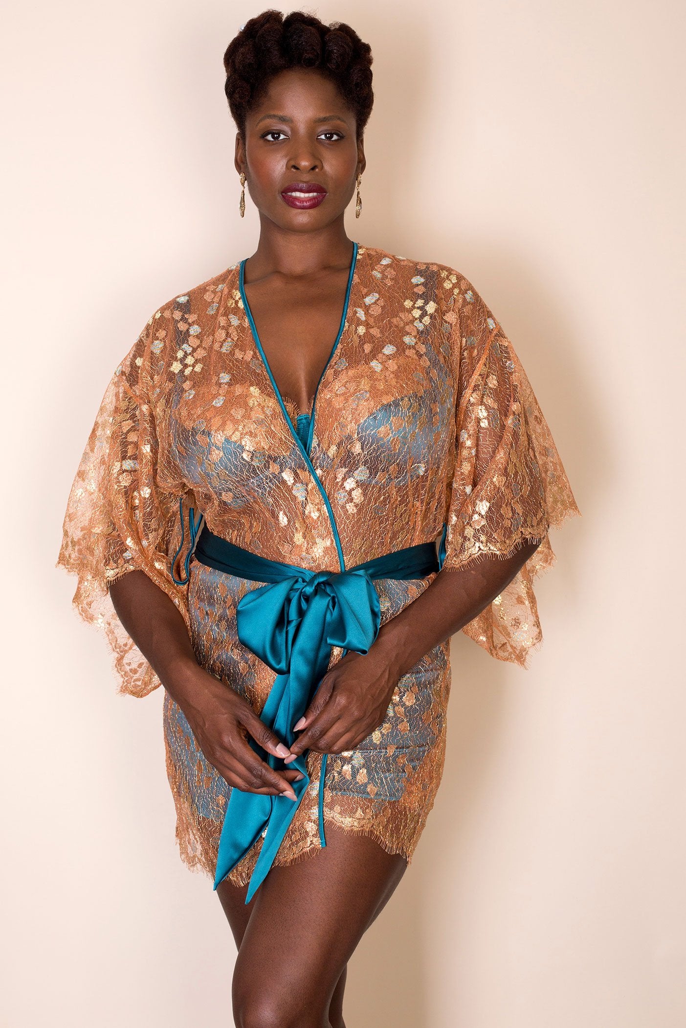Luxury gold dressing gown in sheer metallic lace with silk belt in contrast teal blue