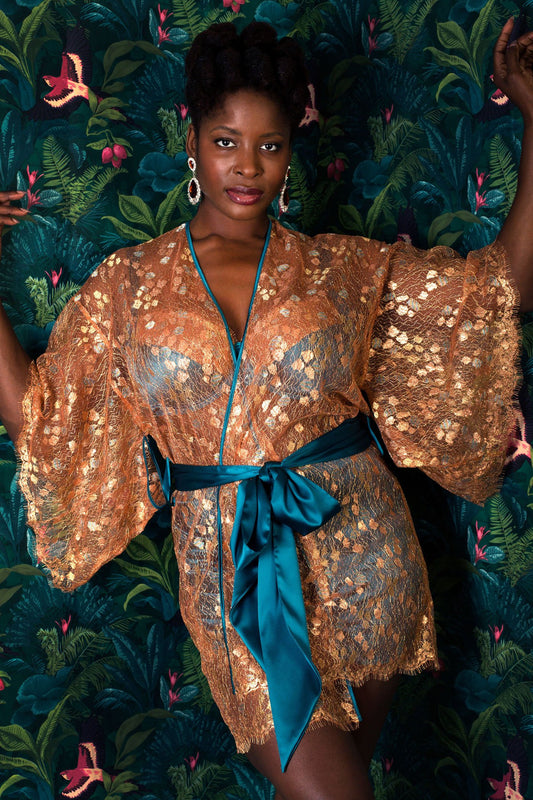 Luxury metallic gold lace robe with bright blue silk belt and wide sleeves
