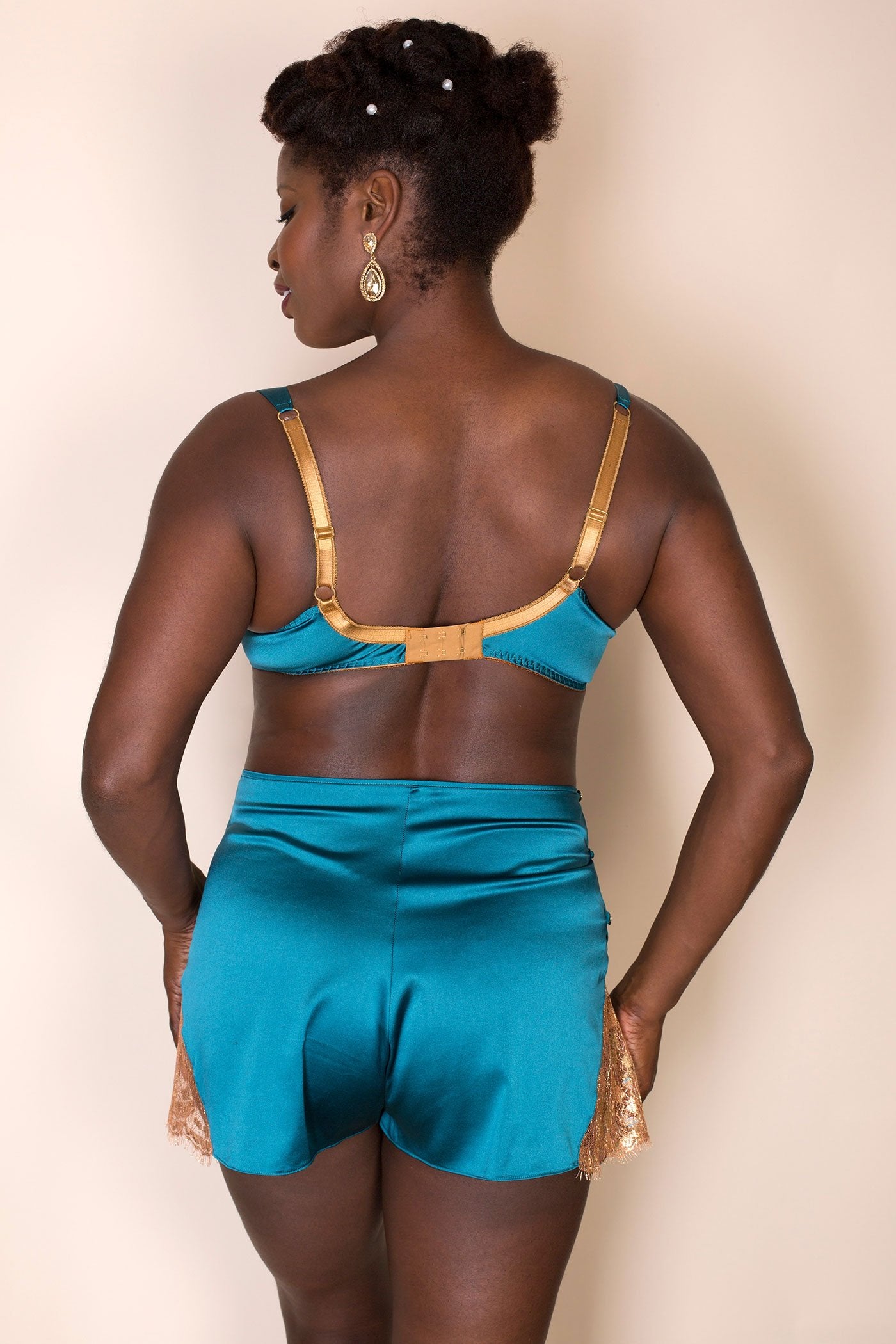 Vintage inspired silk tap pants back view, with matching gold and blue silk bra