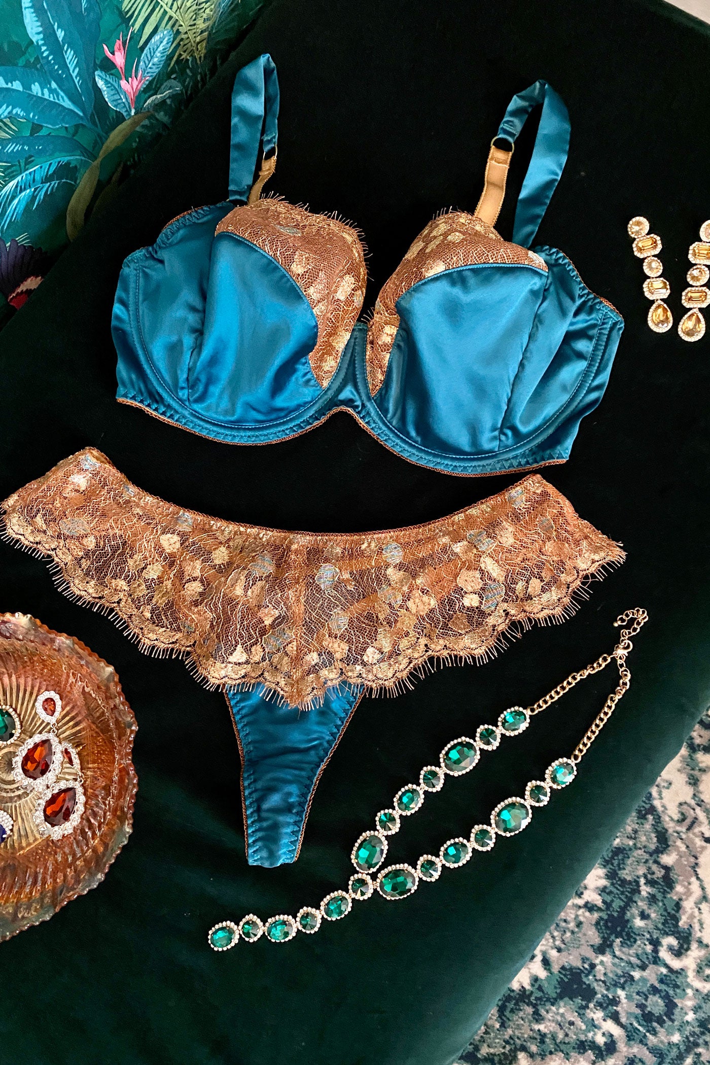 Luxury lingerie set in bright blue silk and metallic gold lace with thong and DD-G cup bra with jewellery