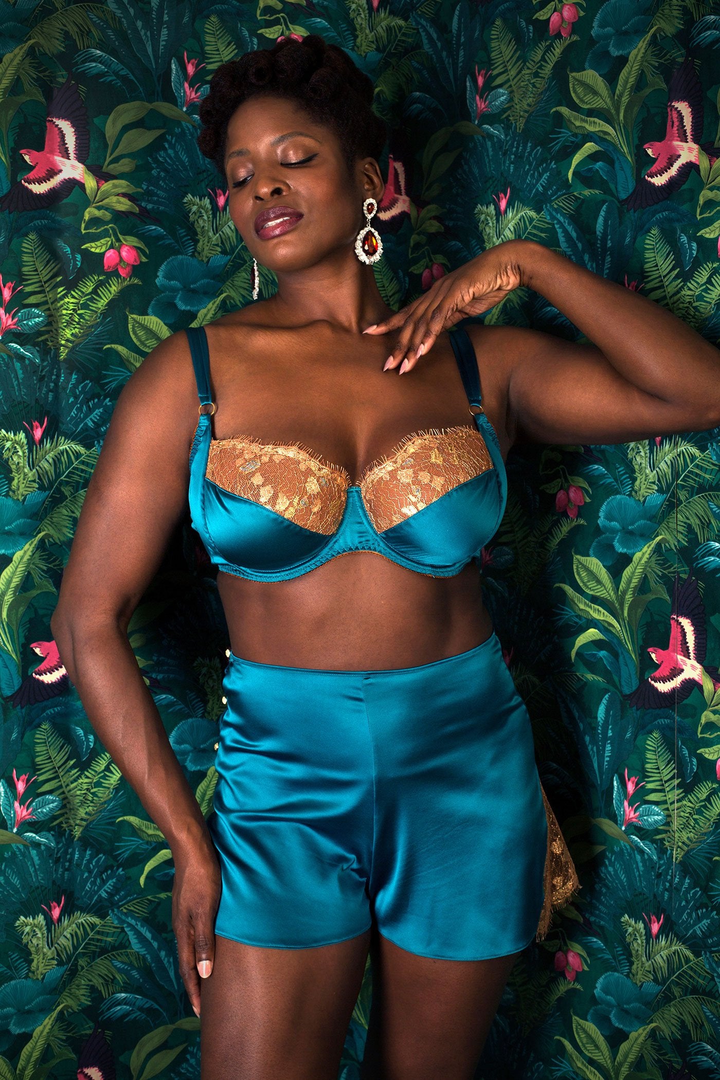 Luxury silk tap pants in turquoise blue silk with gold lace and matching bra