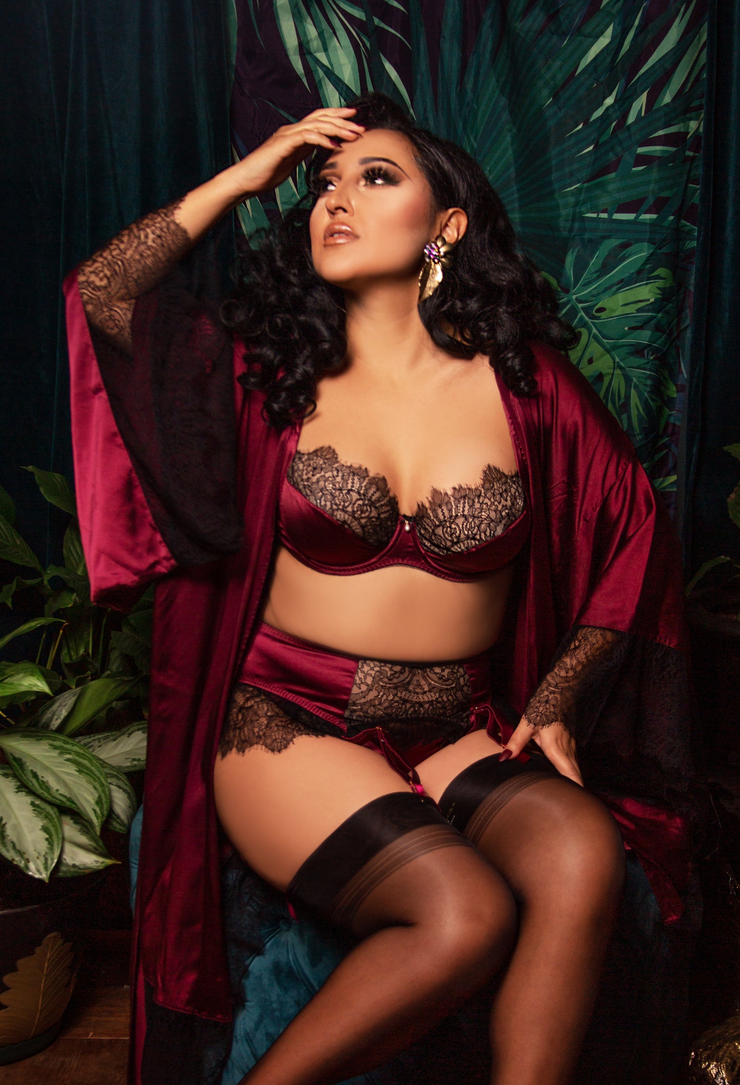 Luxury silk and lace bra, garter belt and burgundy silk dressing gown