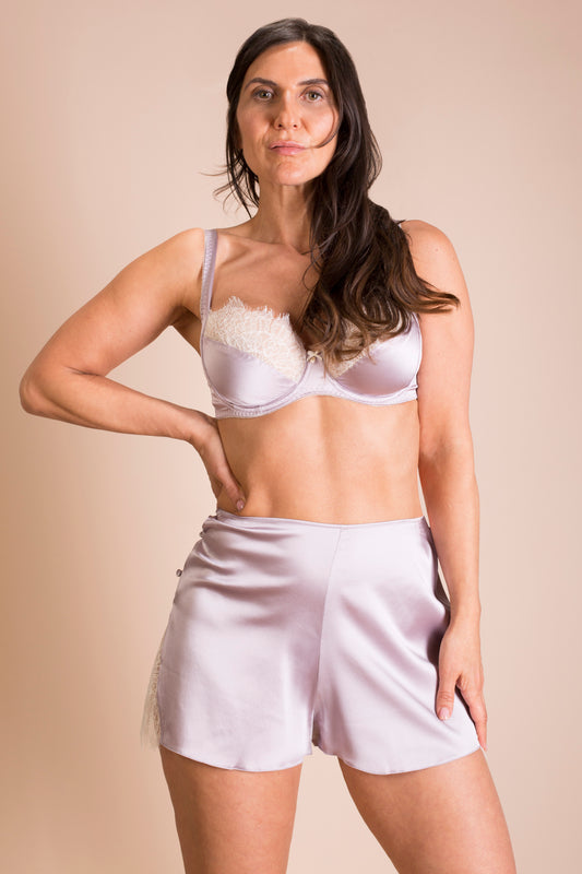 Vintage style silk tap pants in lilac silk with matching silk bra