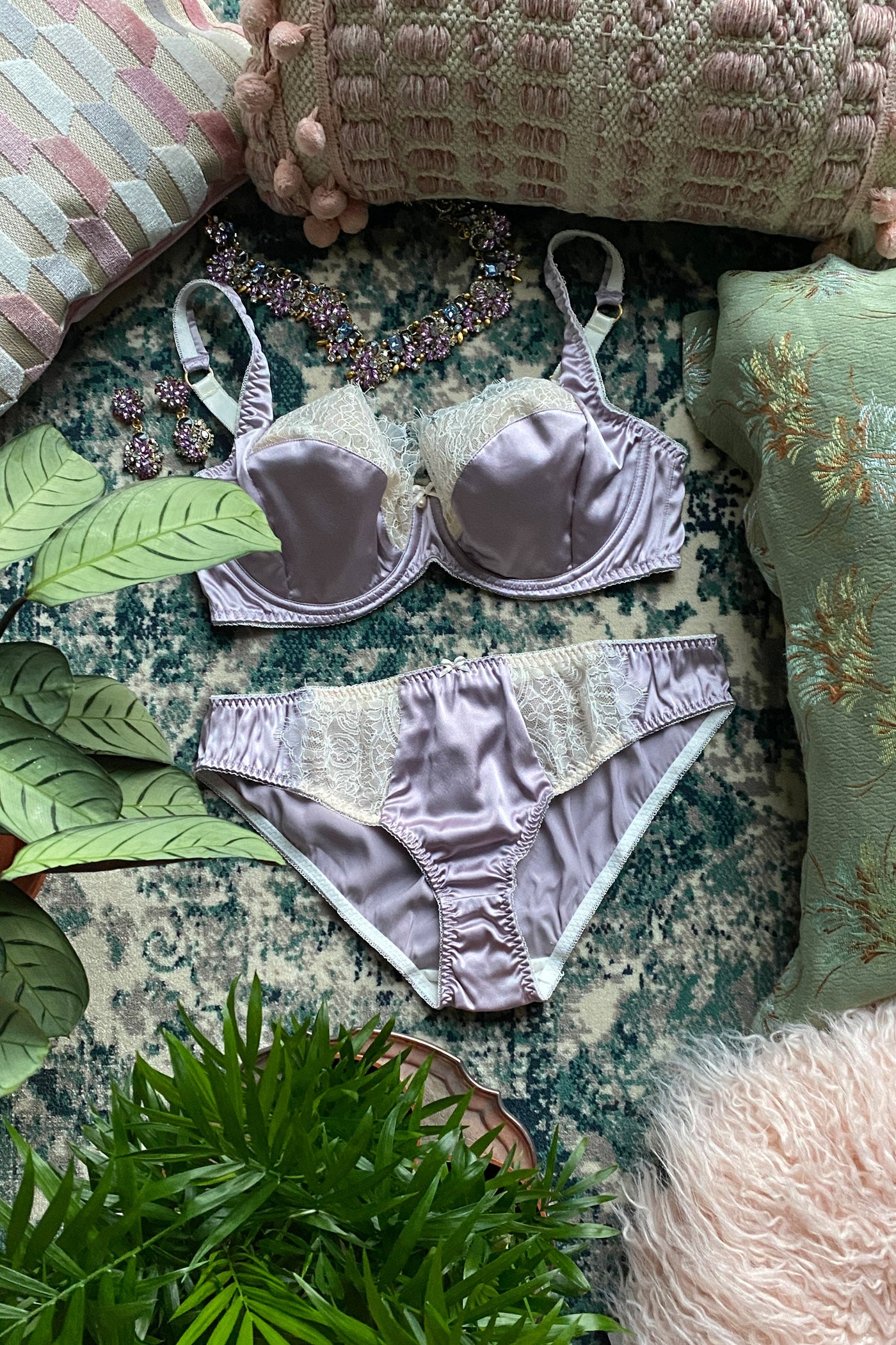 Luxury silk bra and panty set in lilac silk with ivory lace trims