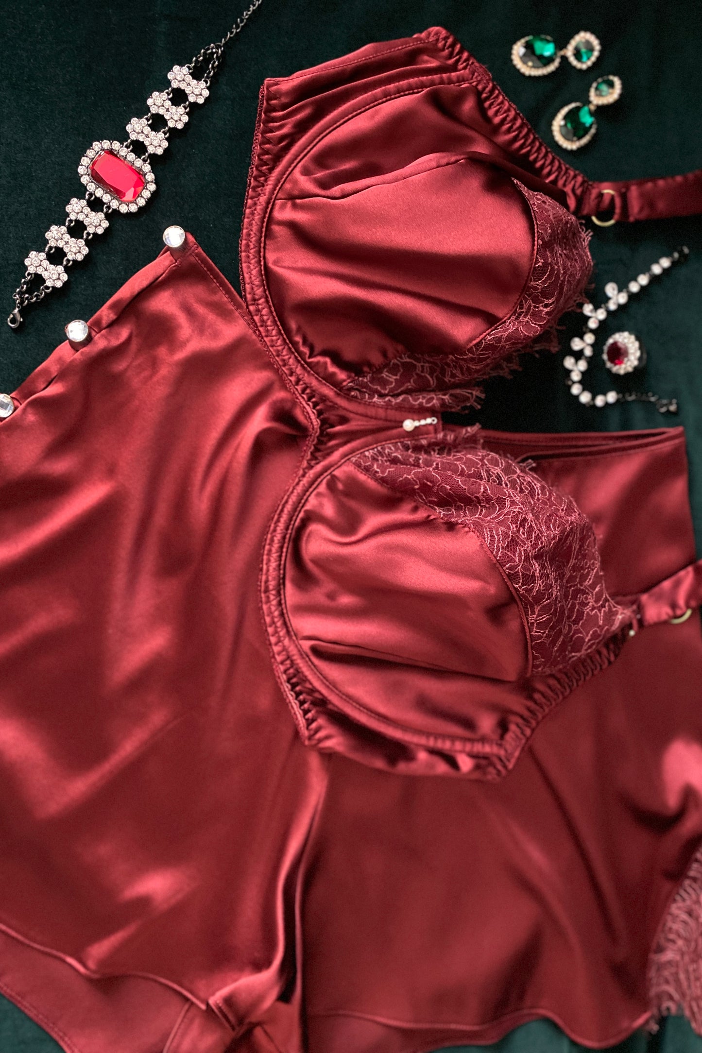 Luxury red silk bra for DD-G cup sizes with French lace top cups and dark red silk tap pants
