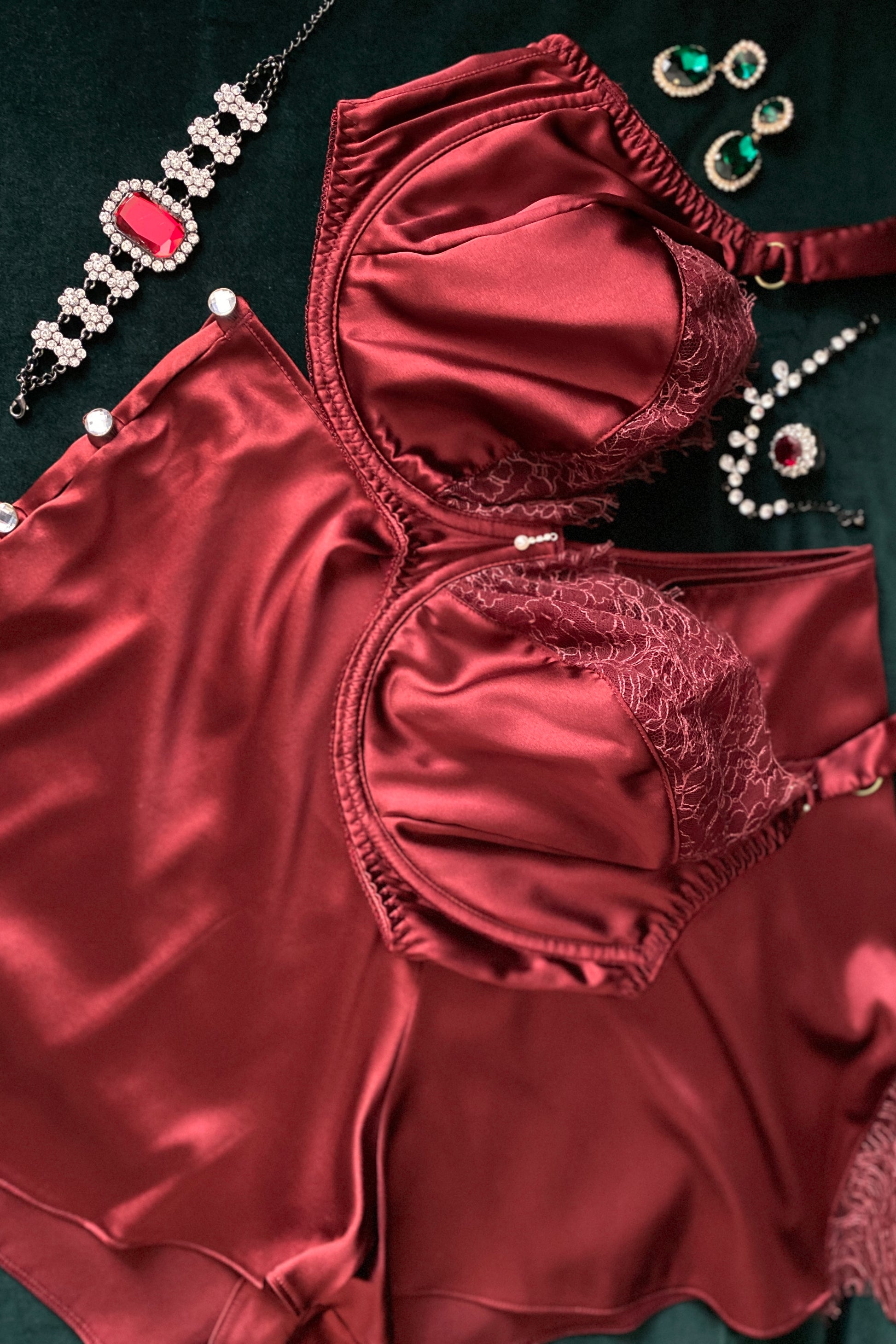 Luxury red silk bra for DD-G cup sizes with French lace top cups and dark red silk tap pants