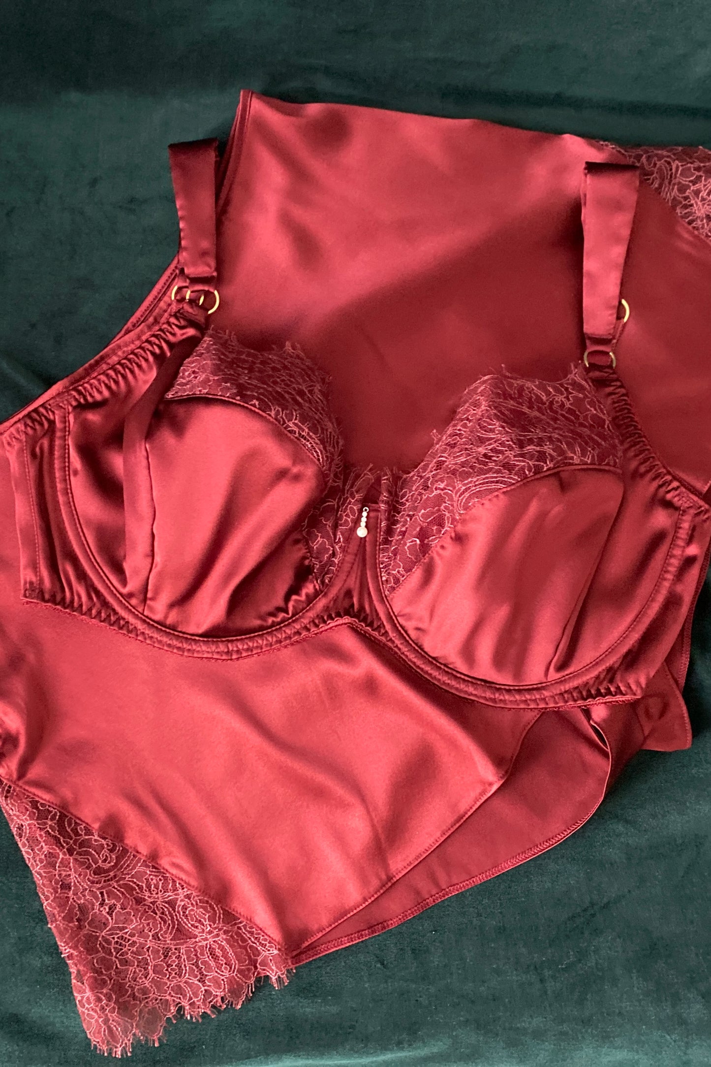 Red silk and lace luxury bra with gold rings and crystal detail with matching luxury silk tap pants