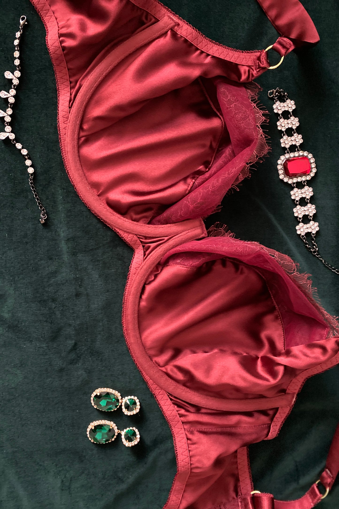 Inner silk linings of bra cups, fully lined in deep red silk 