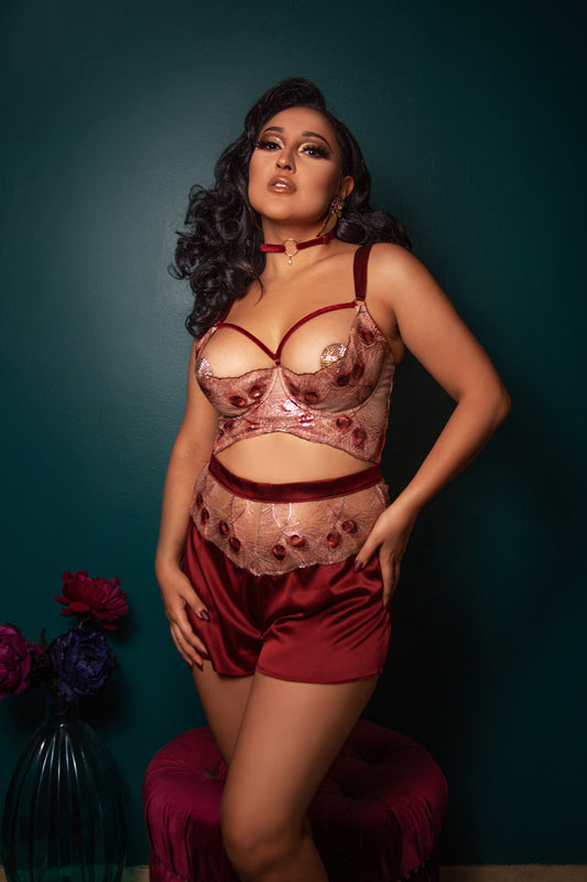 Luxury red and gold silk tap pants with DD+ open cup bra