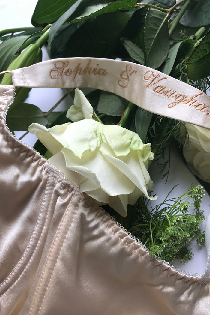 Silk bra strap personalisation for luxury wedding lingerie