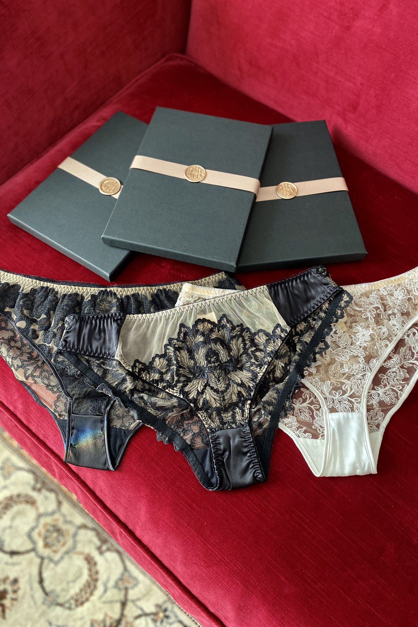 Luxury knicker gift set with 3 black, gold and ivory sheer lace briefs and gift boxes