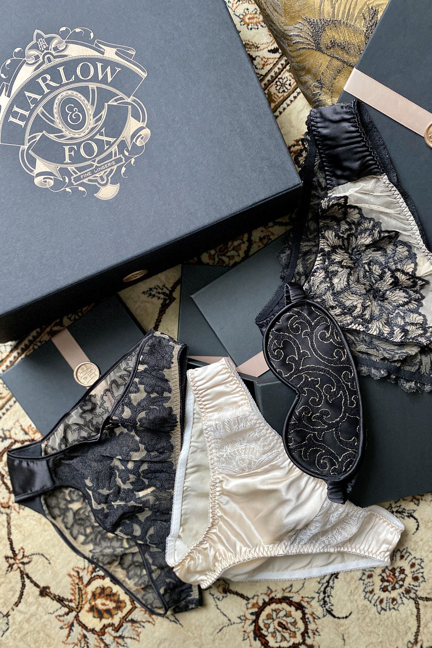 Luxury lingerie gift box set with silk and lace knicker and embroidered eye mask