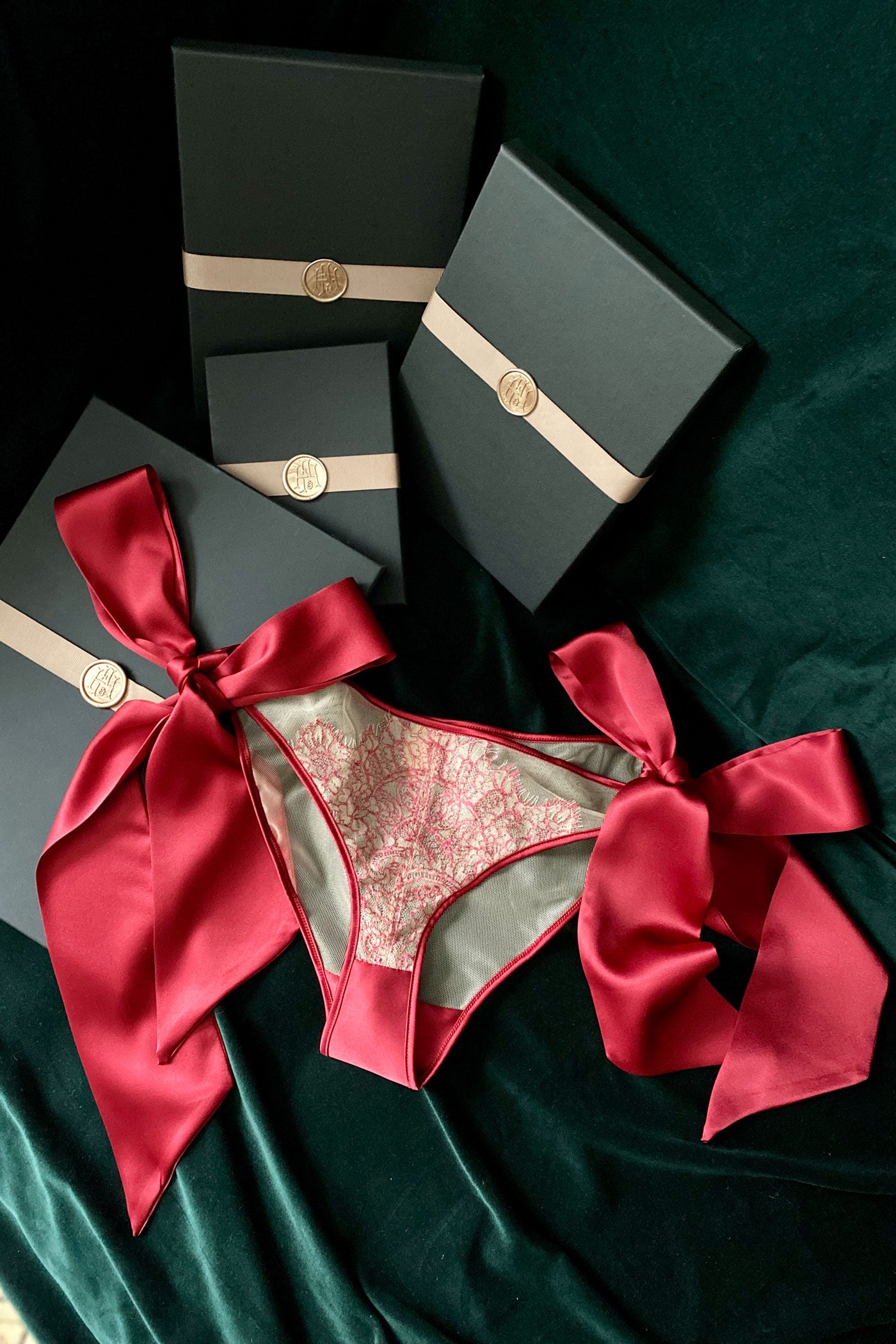 Red silk and sheer red lace tie side knicker with gift boxes