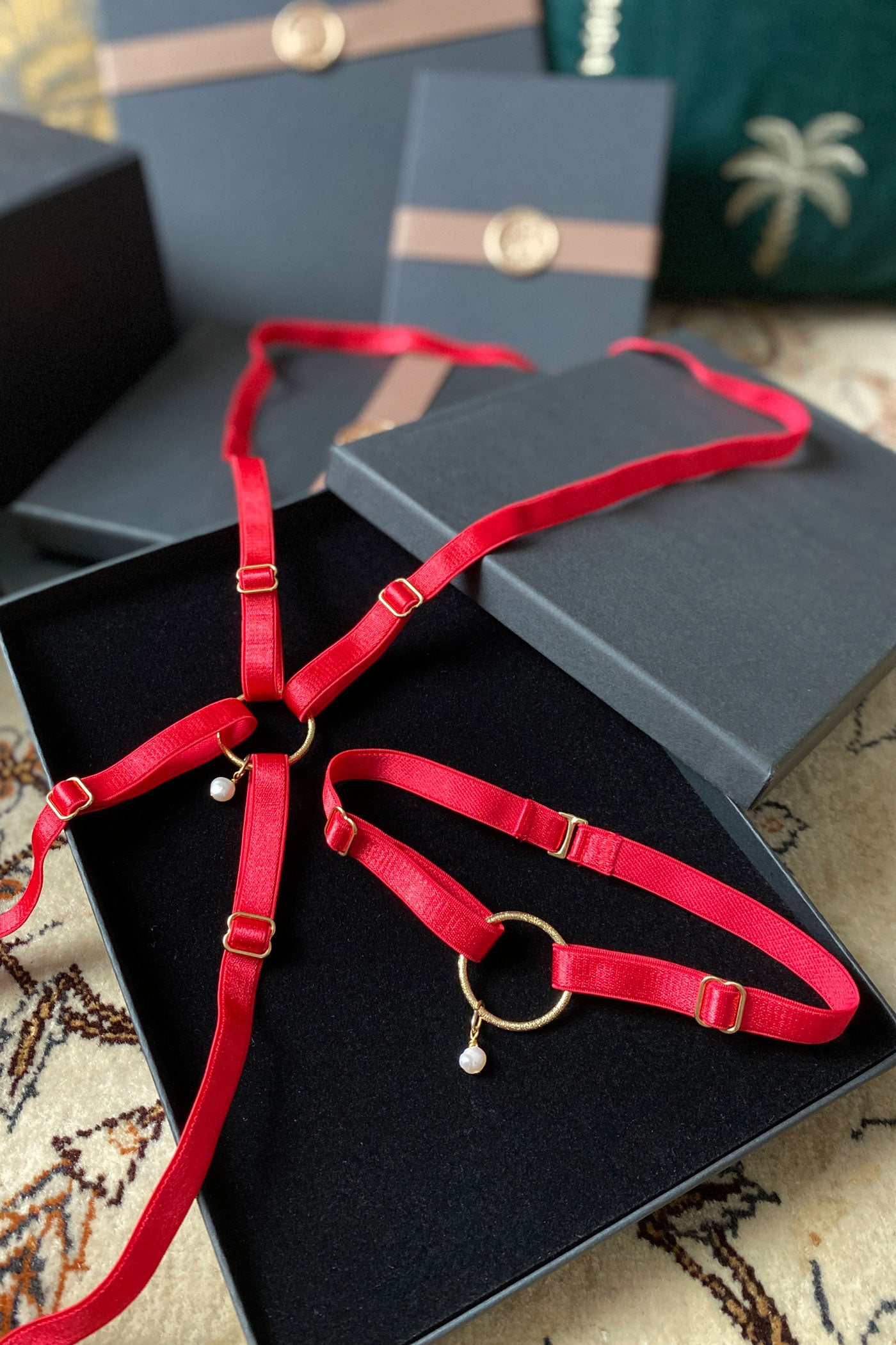 Red harness and choker set in velvet lined gift box