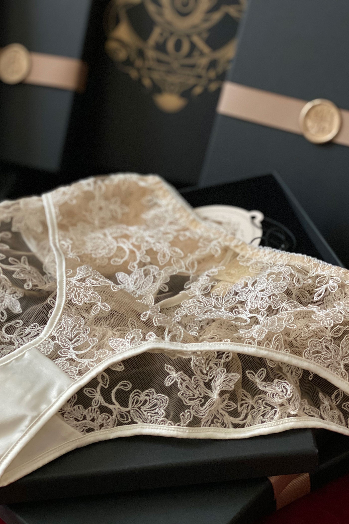 Sheer ivory lace knicker with gift box set