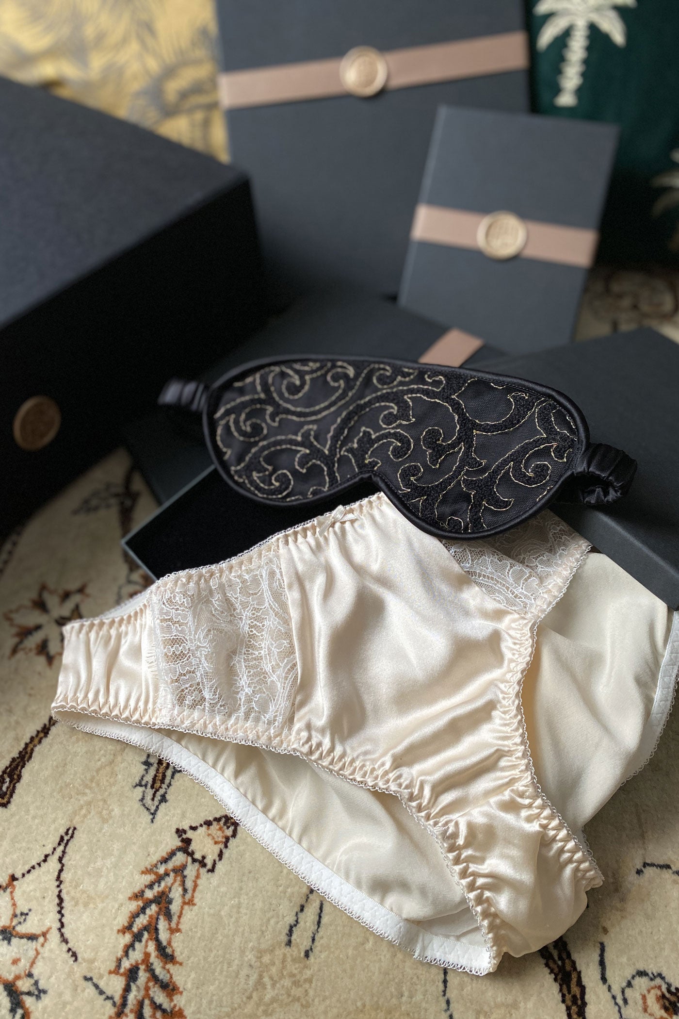 Silk and lace briefs with luxury eye mask and gift boxes