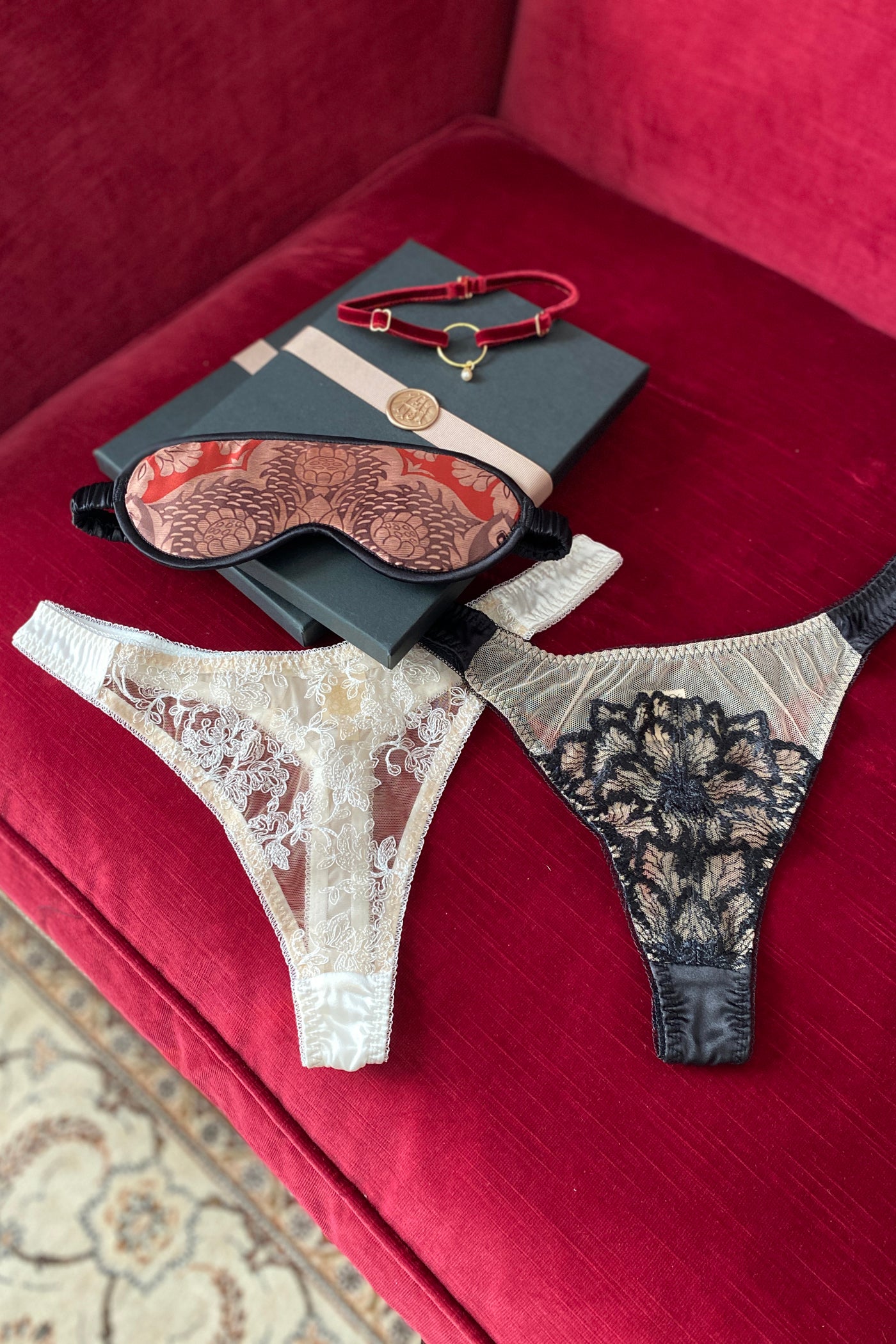Luxury sheer thongs with eye mask and gift boxes